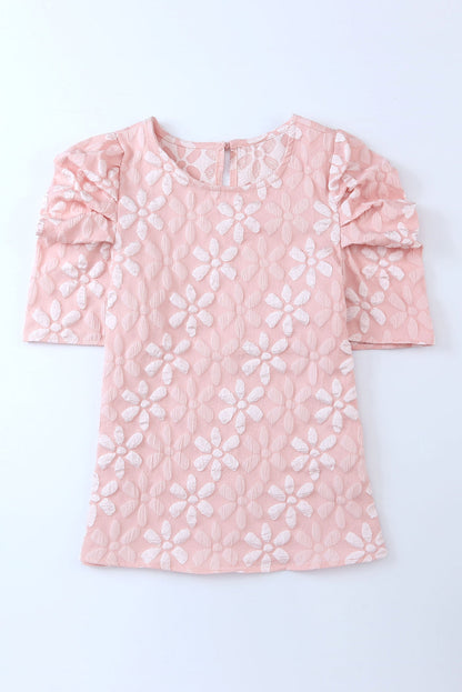 Round Neck Puff Sleeve Blouse Blush Pink