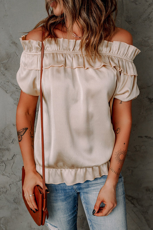 Ruffled Off-Shoulder Short Sleeve Top Cream