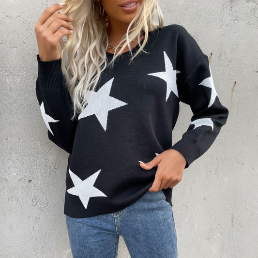 women's pentagram round neck long sleeve bottoming knitted sweater Black