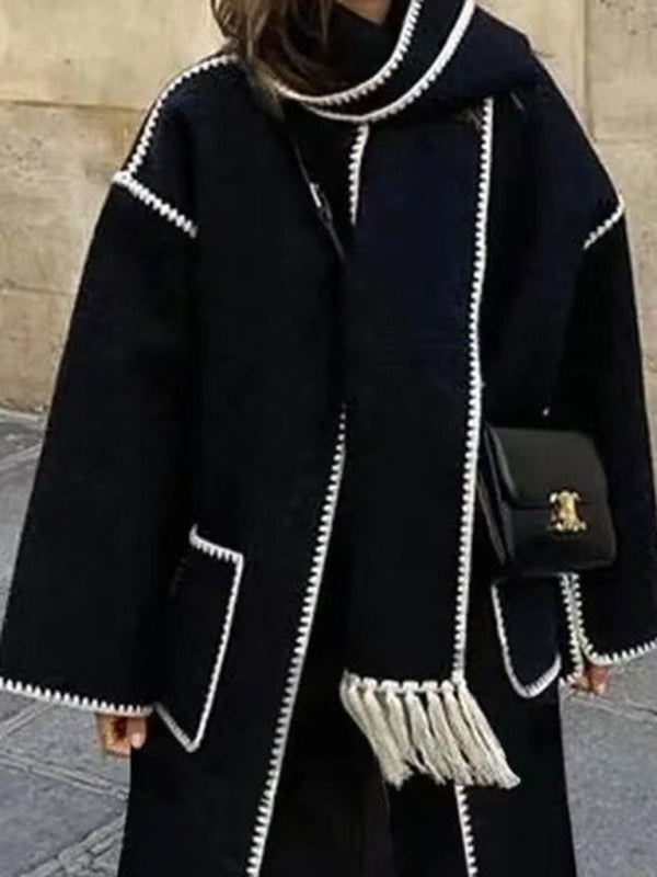 Scarf Jacket - Women's double-sided woolen long-sleeved scarf tassel long top windbreaker jacket