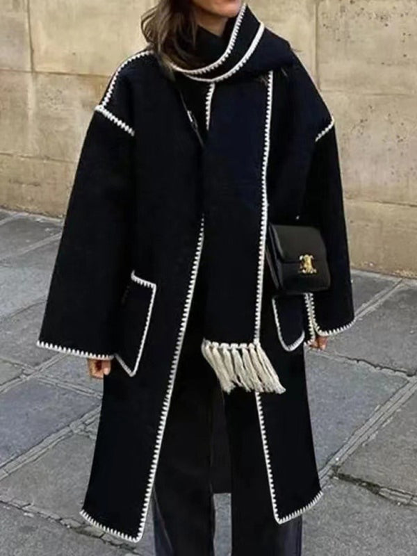 Scarf Jacket - Women's double-sided woolen long-sleeved scarf tassel long top windbreaker jacket Black