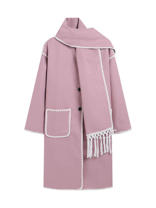 Scarf Jacket - Women's double-sided woolen long-sleeved scarf tassel long top windbreaker jacket Pink