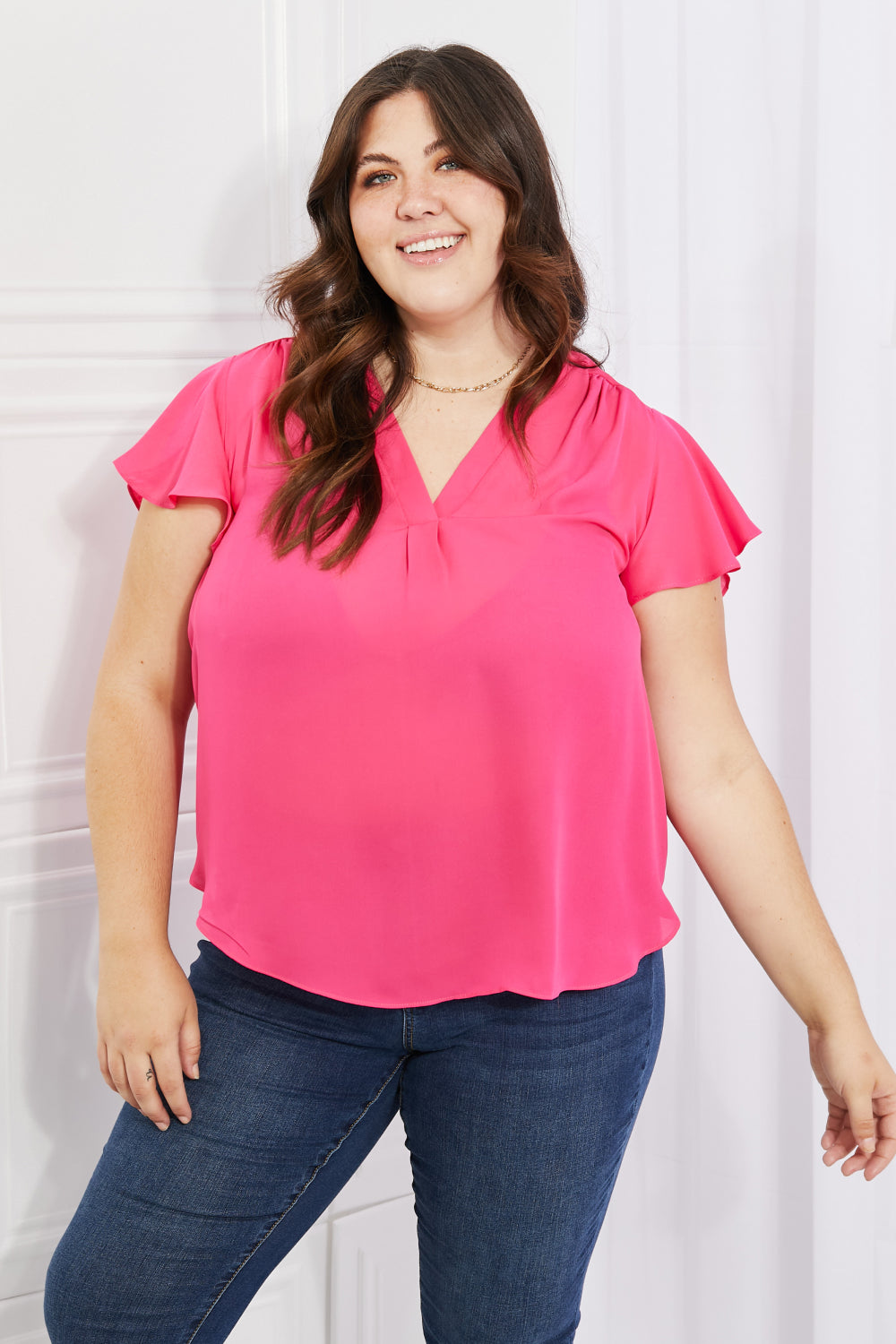 Sew In Love Just For You Full Size Short Ruffled sleeve length Top in Hot Pink Hot Pink