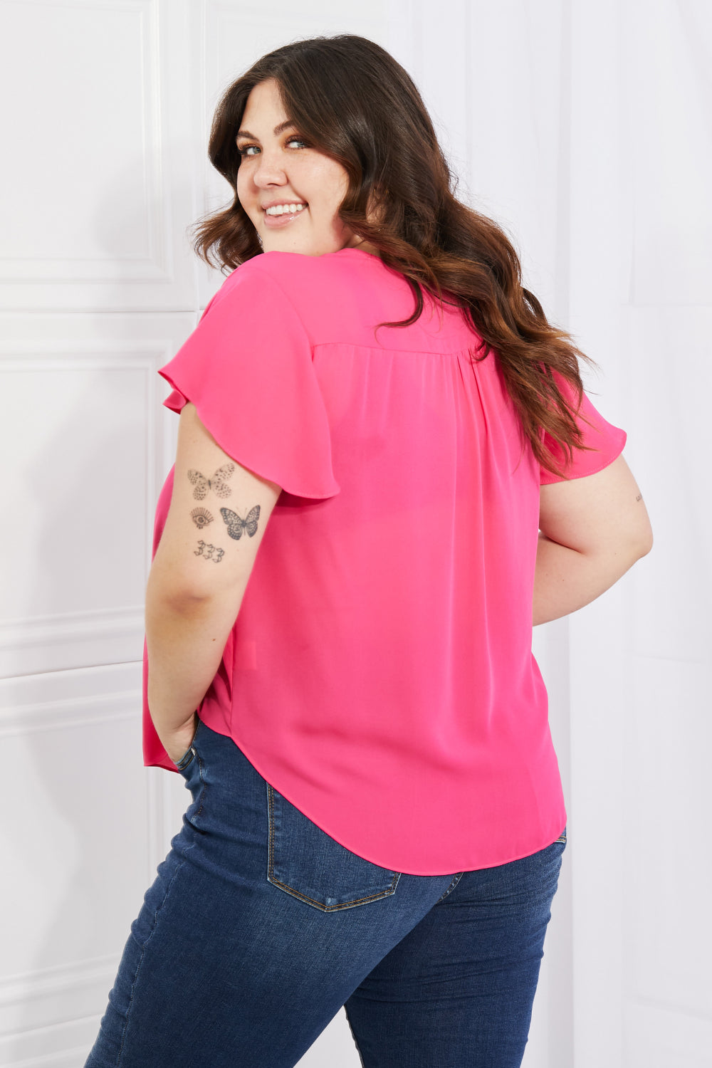 Sew In Love Just For You Full Size Short Ruffled sleeve length Top in Hot Pink