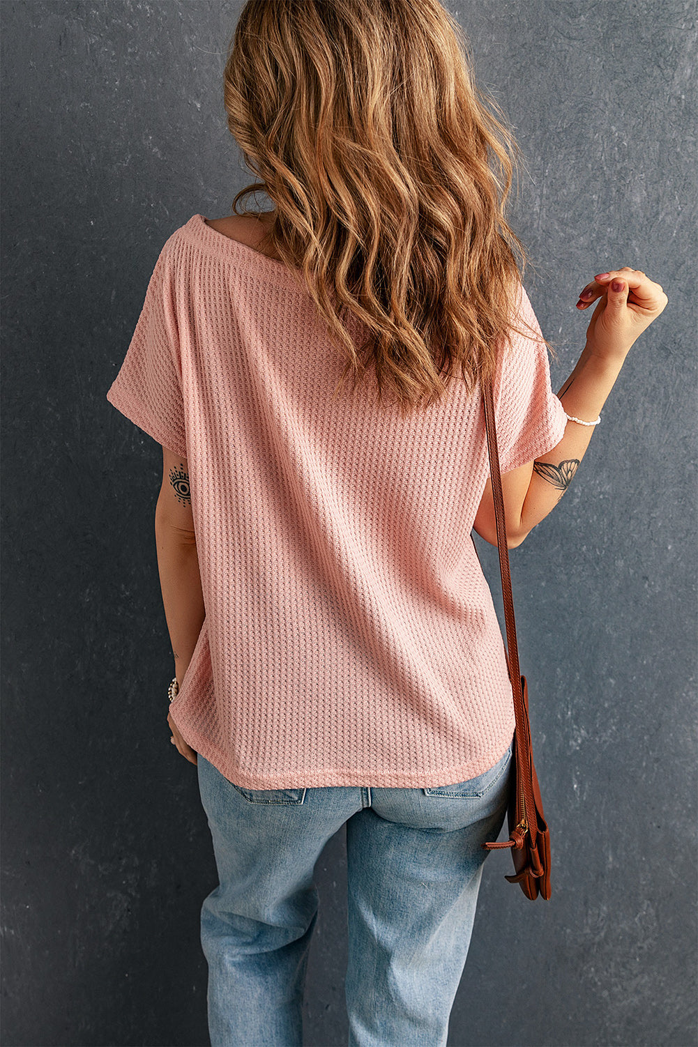 Short-Sleeve Waffle-Knit Boat Neck Top