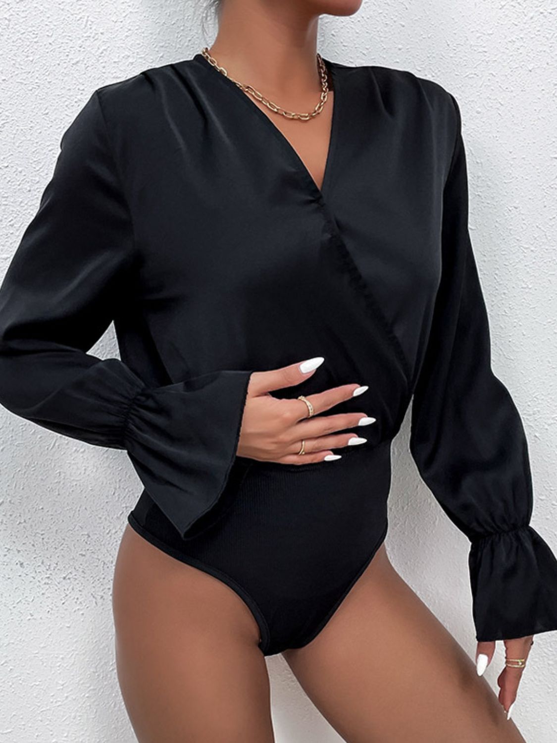 Sleek Surplice Neck Flounce Sleeve Bodysuit