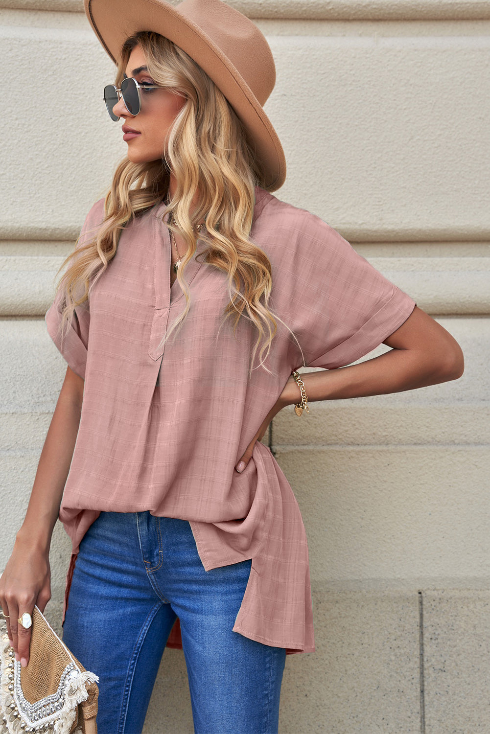 Slit-Cuffed Notched Side Blouse