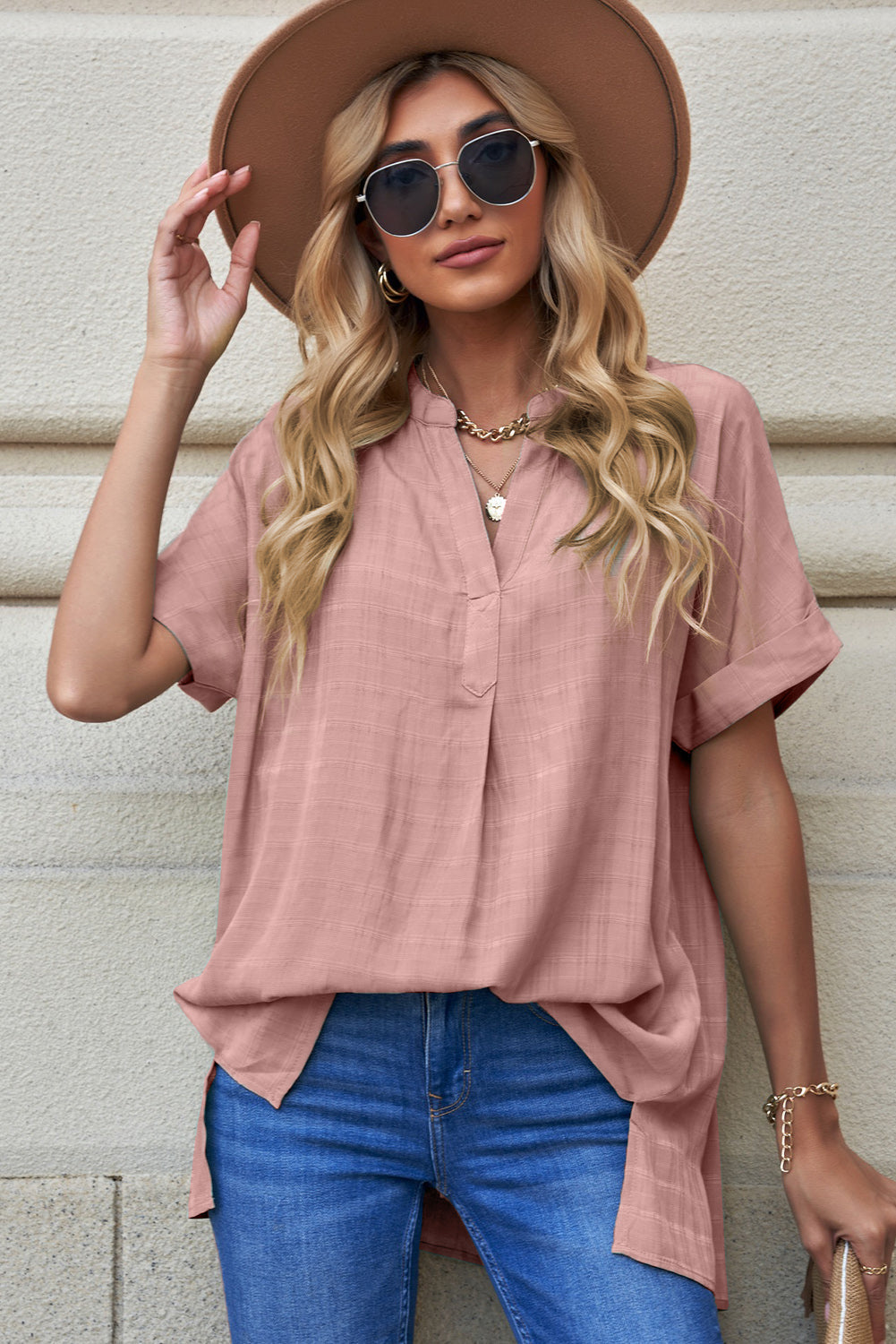 Slit-Cuffed Notched Side Blouse Pink