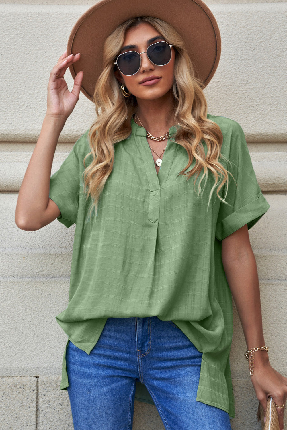Slit-Cuffed Notched Side Blouse Green