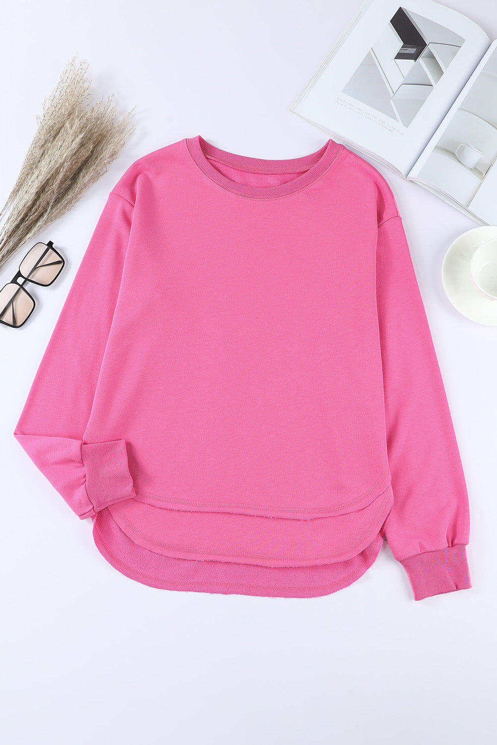Slouchy Drop Shoulder Sweatshirt with Side Slits Rose Pink