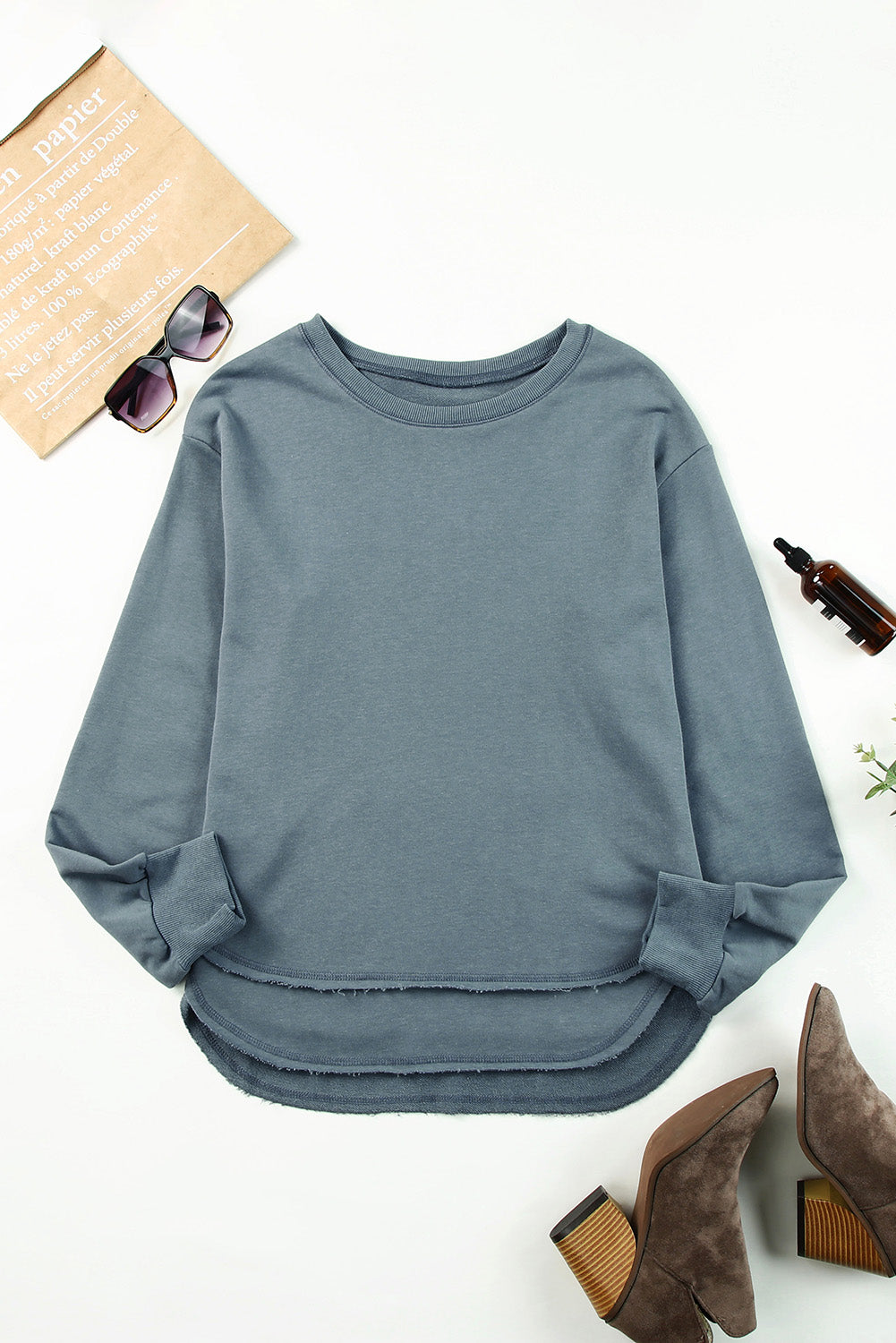 Slouchy Drop Shoulder Sweatshirt with Side Slits Dull Blue