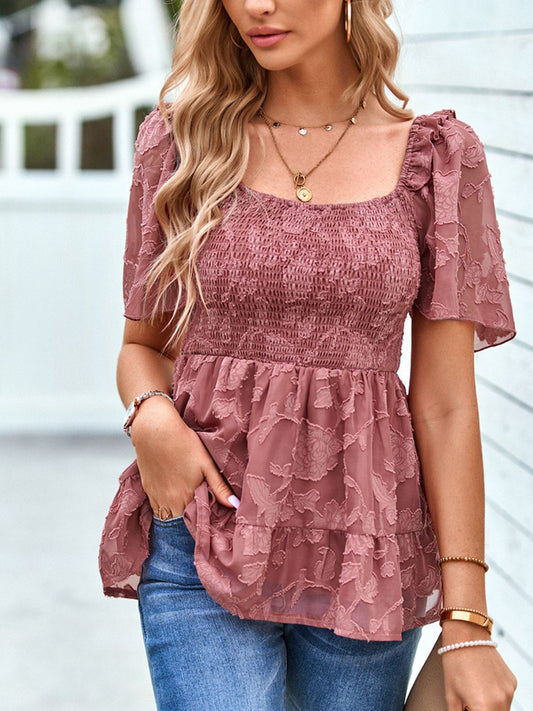 Smocked Babydoll Blouse with Square Neck Deep Rose