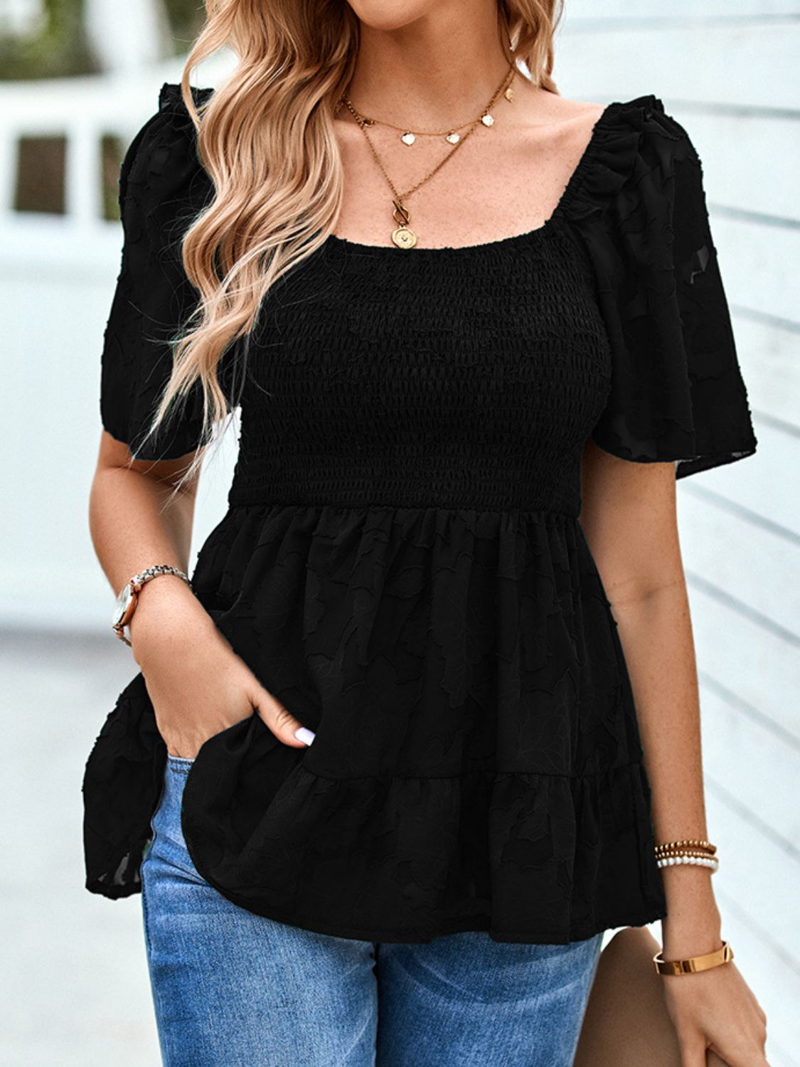 Smocked Babydoll Blouse with Square Neck Black
