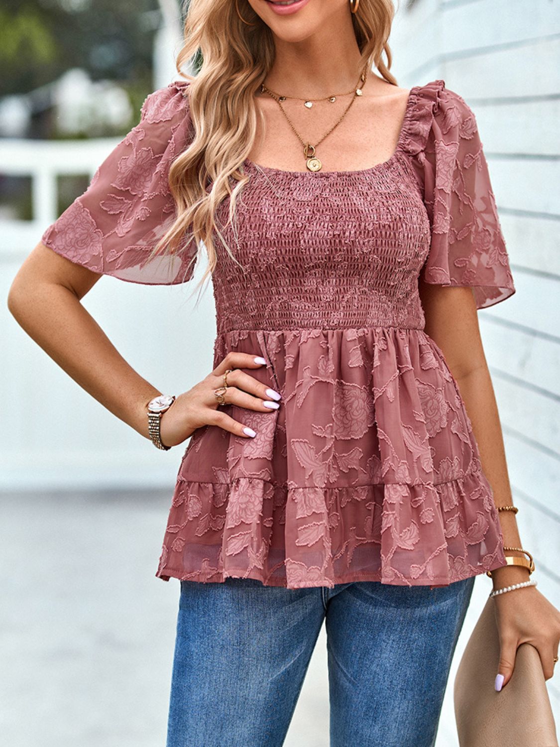 Smocked Babydoll Blouse with Square Neck