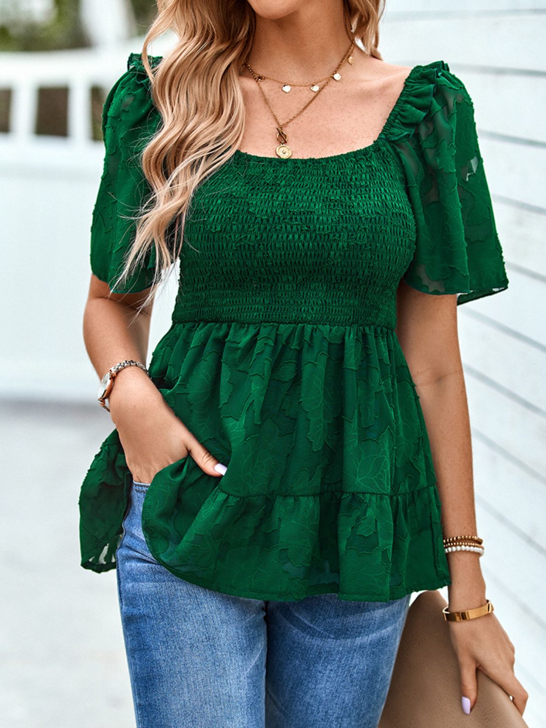 Smocked Babydoll Blouse with Square Neck Green