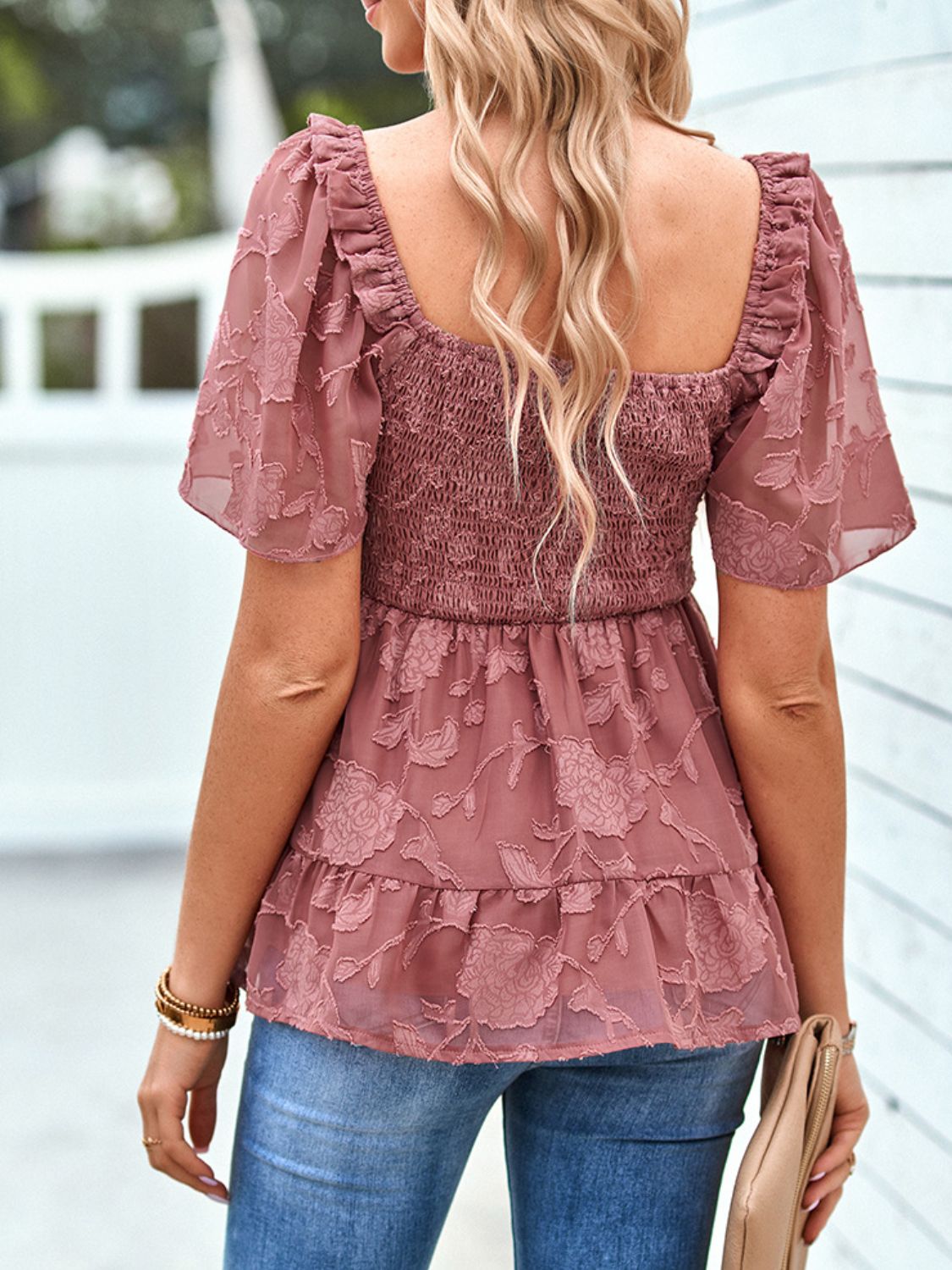 Smocked Babydoll Blouse with Square Neck
