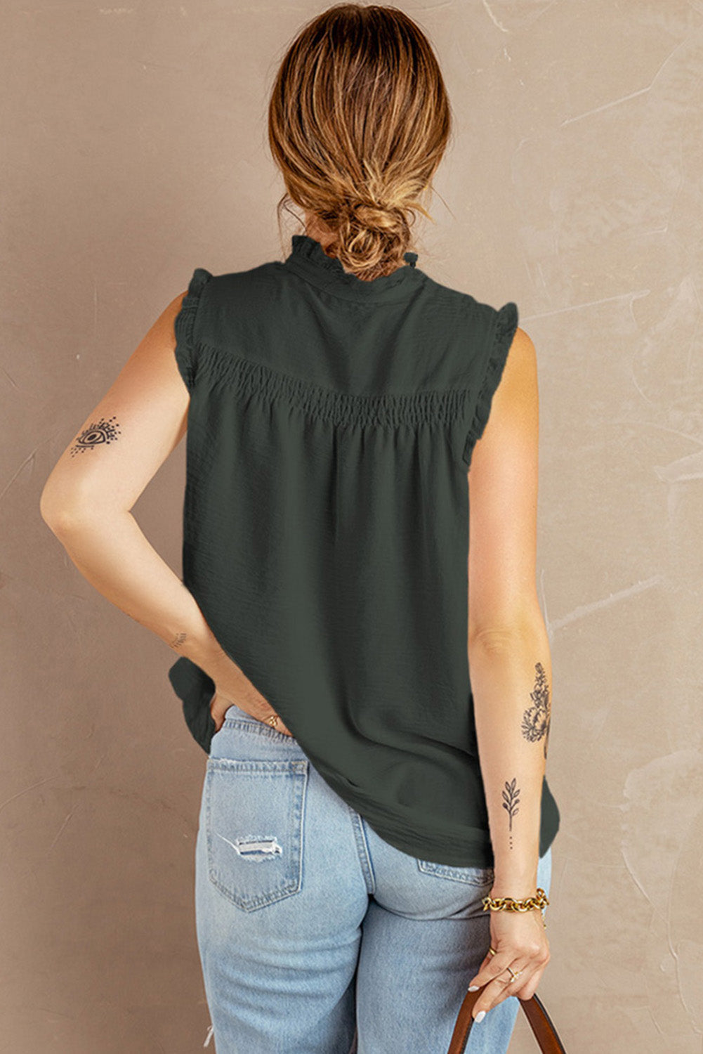 Smocked Button-Front Frill-Trim Sleeveless Blouse