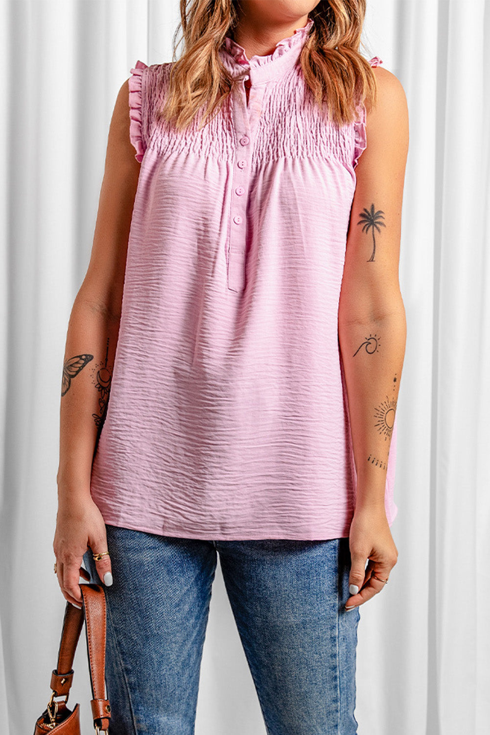 Smocked Button-Front Frill-Trim Sleeveless Blouse
