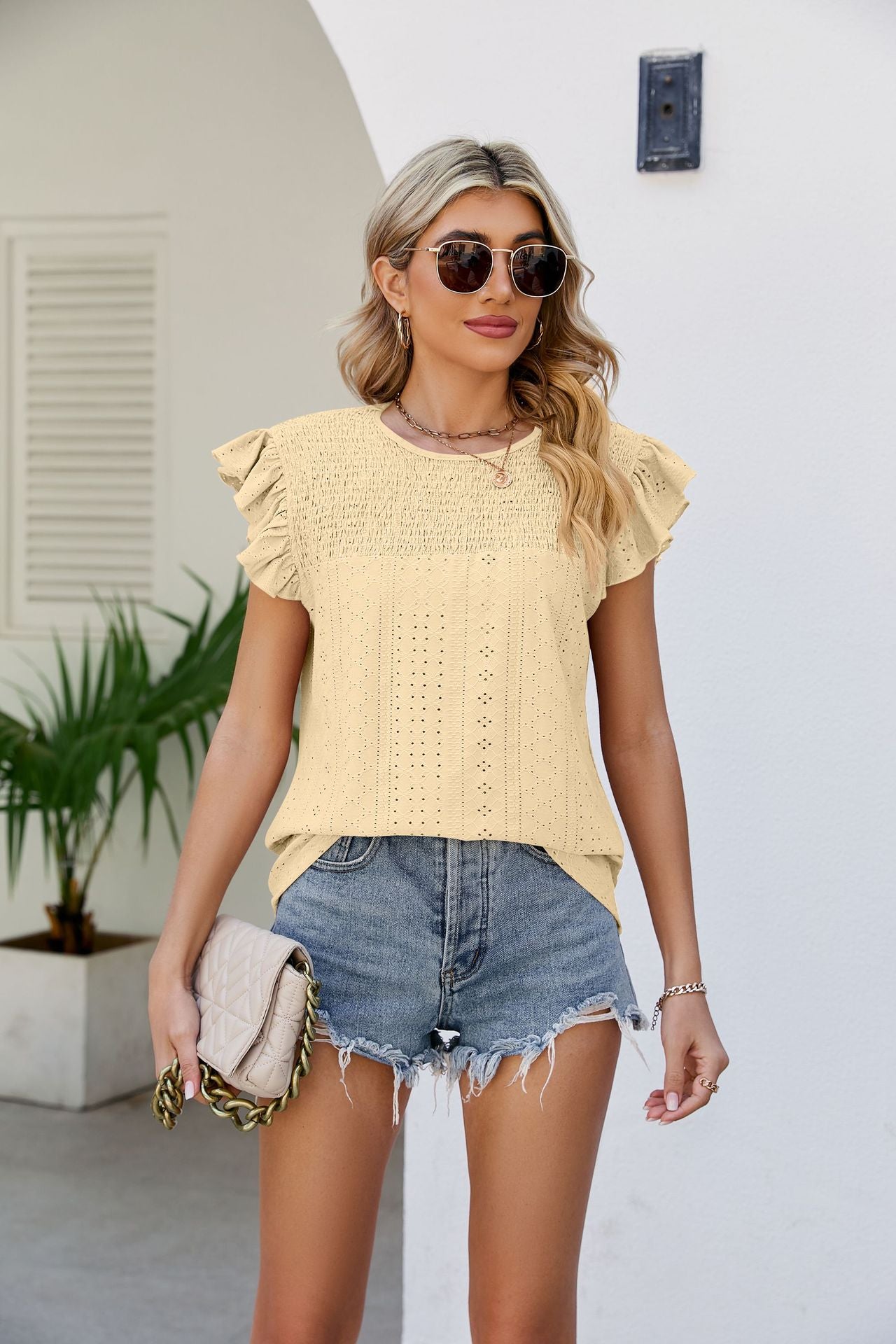 Smocked Flutter Sleeve Top Pastel Yellow