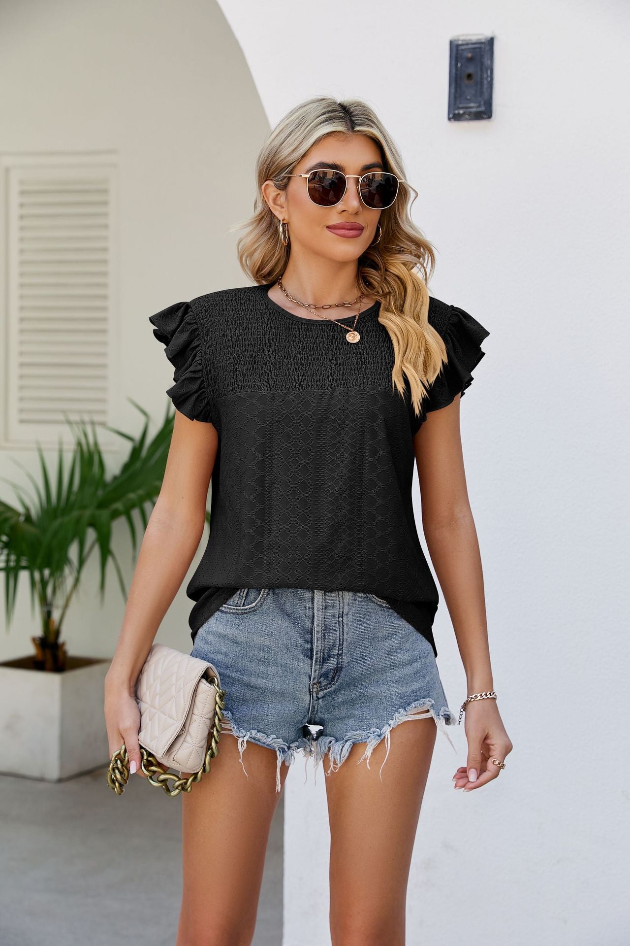 Smocked Flutter Sleeve Top Black