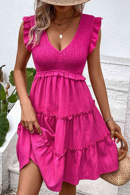 Smocked Frill Trim Deep V Dress Hot Pink