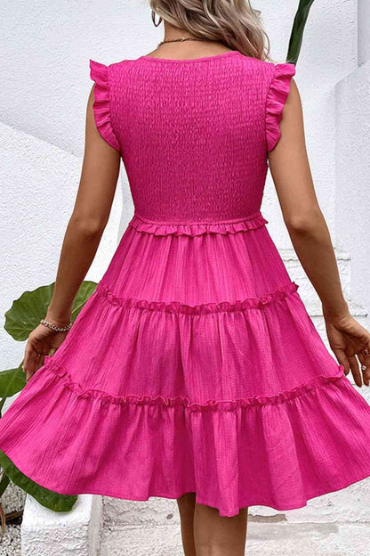 Smocked Frill Trim Deep V Dress