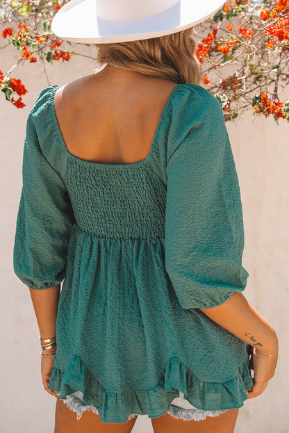 Smocked Peplum Top with Three-Quarter Sleeves