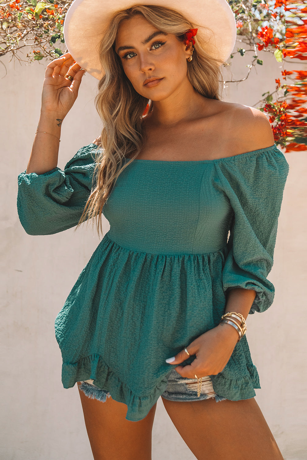 Smocked Peplum Top with Three-Quarter Sleeves