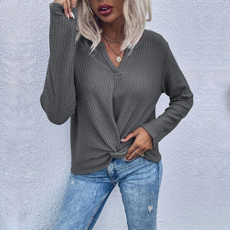 women's waffle kink thin solid color bottoming knitted sweater Charcoal grey