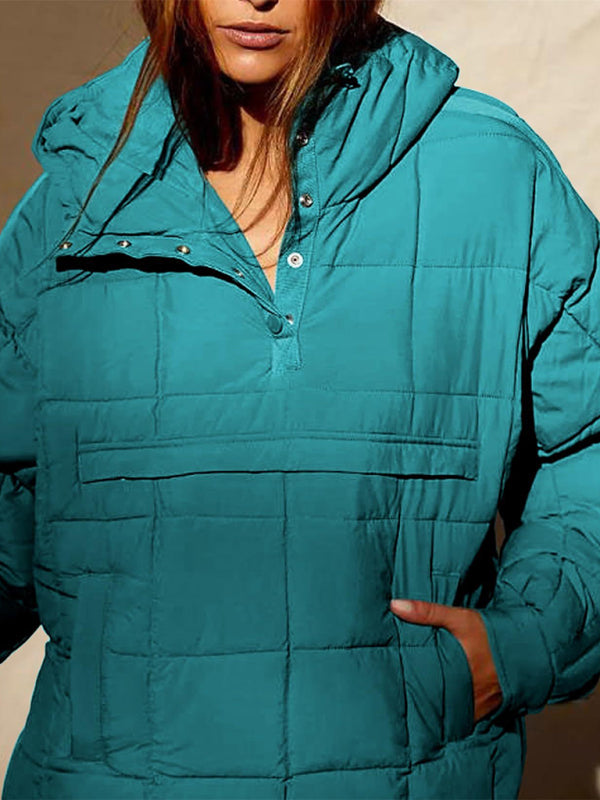 Solid Color Hooded Cotton Foldable Padded Pullover Pocket Long Sleeve Jacket