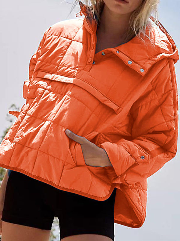 Solid Color Hooded Cotton Foldable Padded Pullover Pocket Long Sleeve Jacket Orange