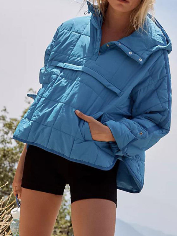 Solid Color Hooded Cotton Foldable Padded Pullover Pocket Long Sleeve Jacket Sky blue azure