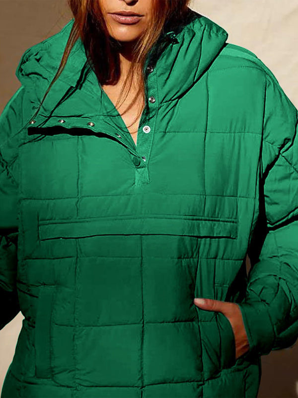 Solid Color Hooded Cotton Foldable Padded Pullover Pocket Long Sleeve Jacket