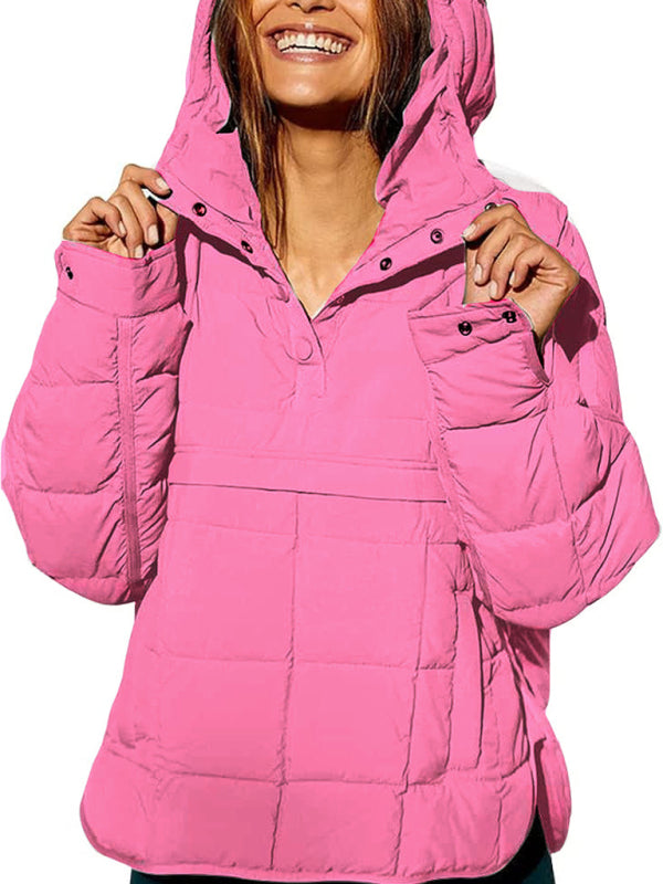 Solid Color Hooded Cotton Foldable Padded Pullover Pocket Long Sleeve Jacket Pink