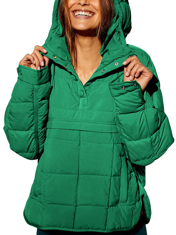 Solid Color Hooded Cotton Foldable Padded Pullover Pocket Long Sleeve Jacket