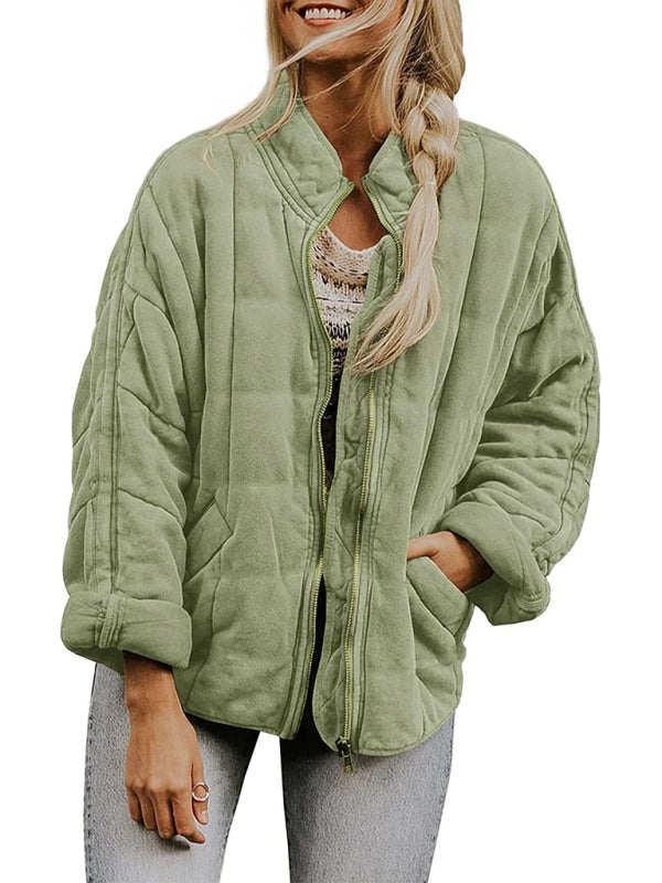 Solid color stand collar cotton jacket with loose pockets and long sleeves