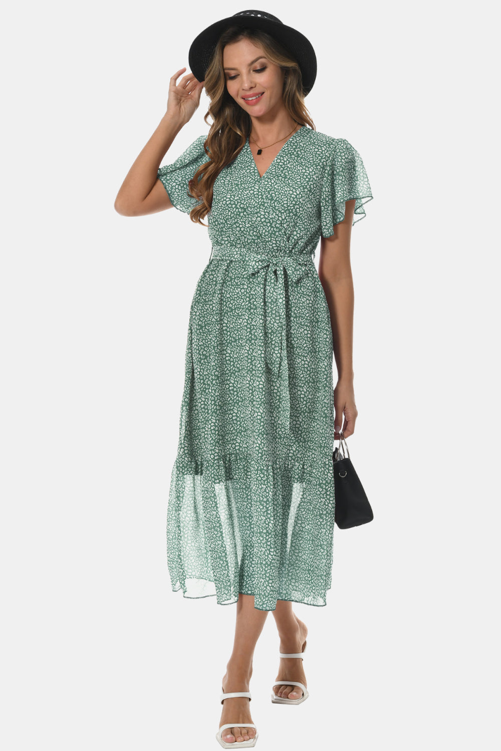 Sophisticated Surplice Neck Flutter Sleeve Tied Dress