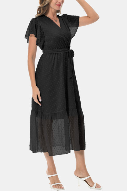 Sophisticated Surplice Neck Flutter Sleeve Tied Dress