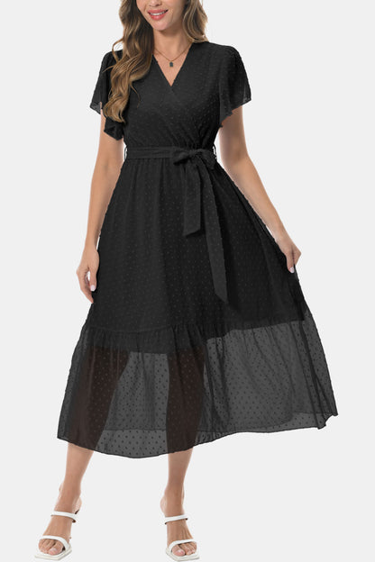 Sophisticated Surplice Neck Flutter Sleeve Tied Dress