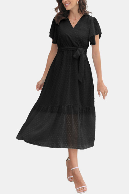 Sophisticated Surplice Neck Flutter Sleeve Tied Dress Black