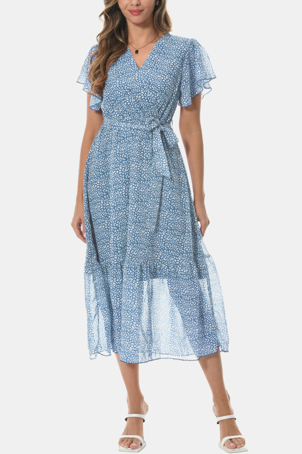 Sophisticated Surplice Neck Flutter Sleeve Tied Dress Misty Blue