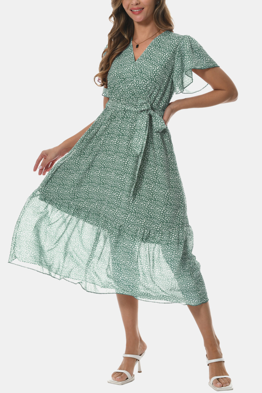 Sophisticated Surplice Neck Flutter Sleeve Tied Dress