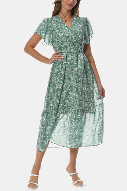 Sophisticated Surplice Neck Flutter Sleeve Tied Dress Gum Leaf