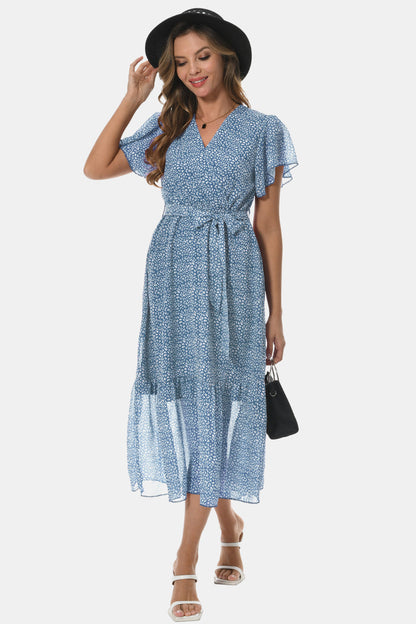 Sophisticated Surplice Neck Flutter Sleeve Tied Dress