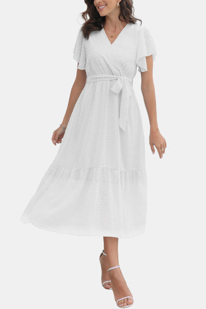 Sophisticated Surplice Neck Flutter Sleeve Tied Dress White