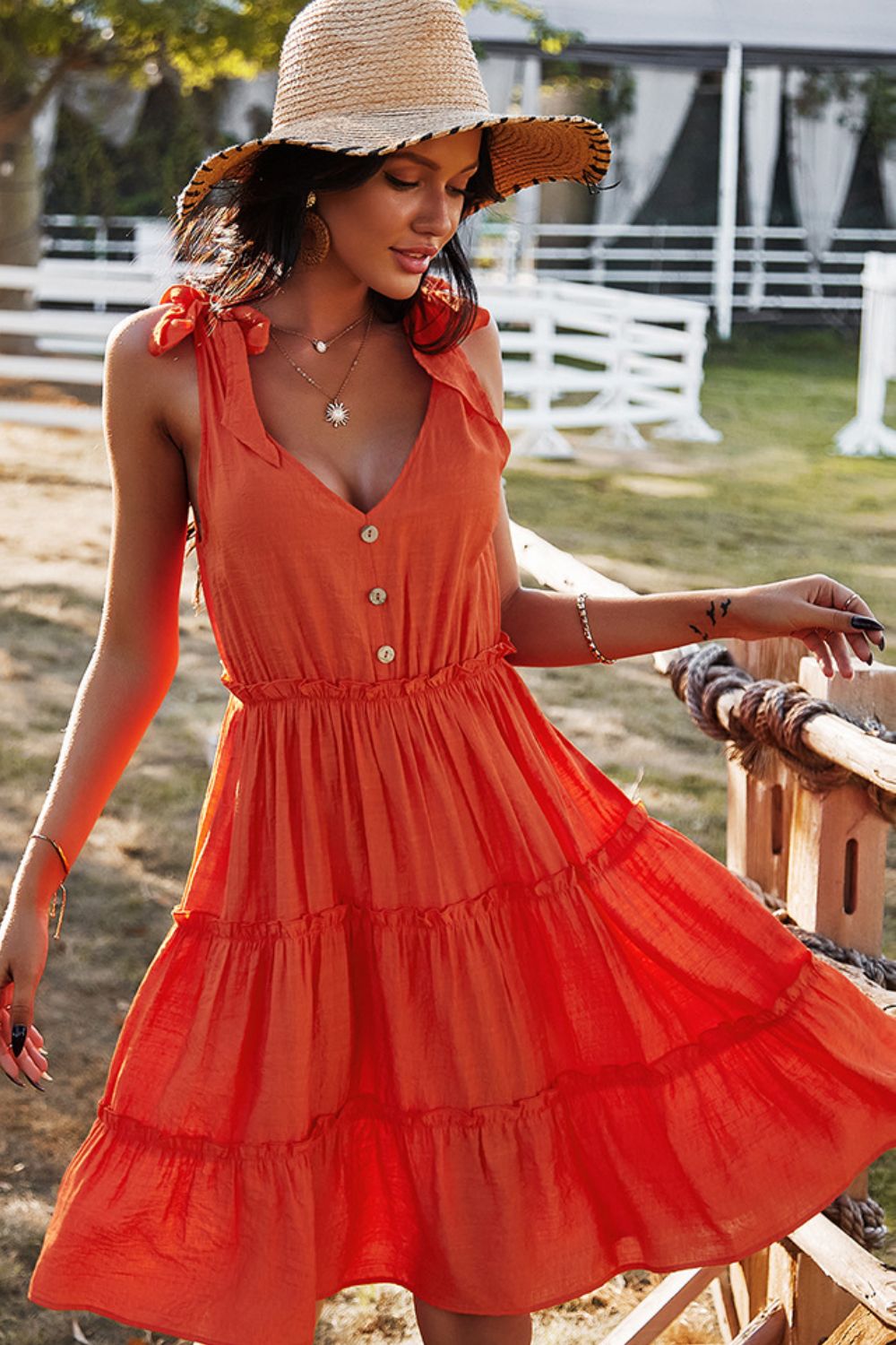 Sophisticated Tie-Shoulder Decorative Button V-Neck Dress Red Orange