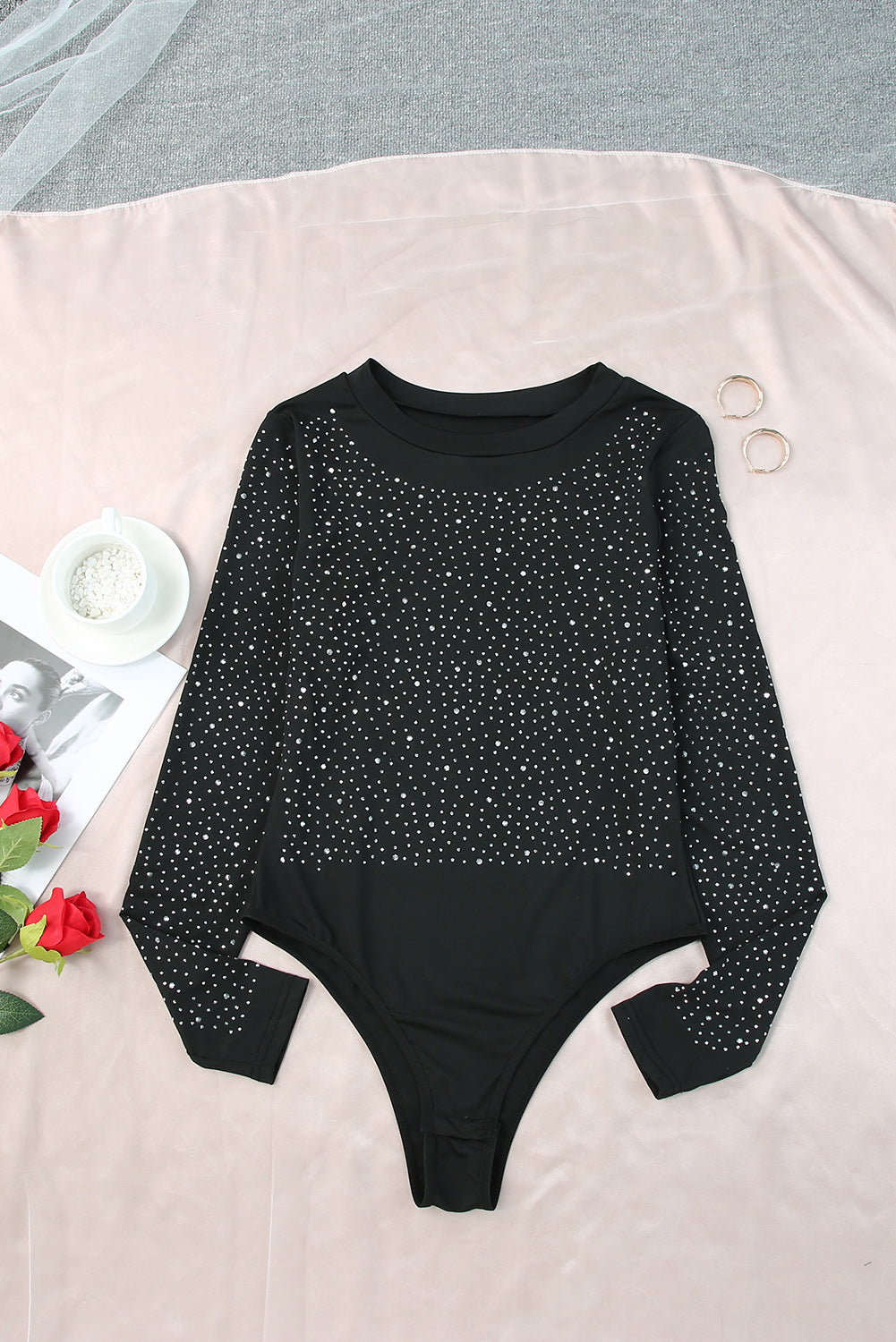 Sparkling Rhinestone Round Neck Long Sleeve Bodysuit