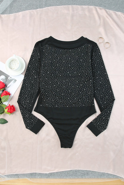 Sparkling Rhinestone Round Neck Long Sleeve Bodysuit