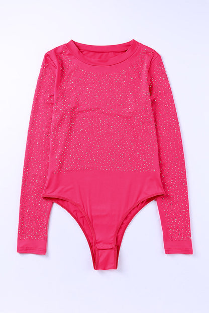 Sparkling Rhinestone Round Neck Long Sleeve Bodysuit