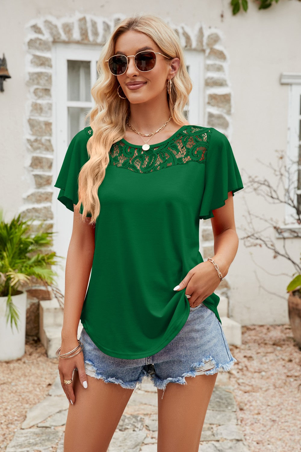 Spliced Lace Flutter Top Mid Green